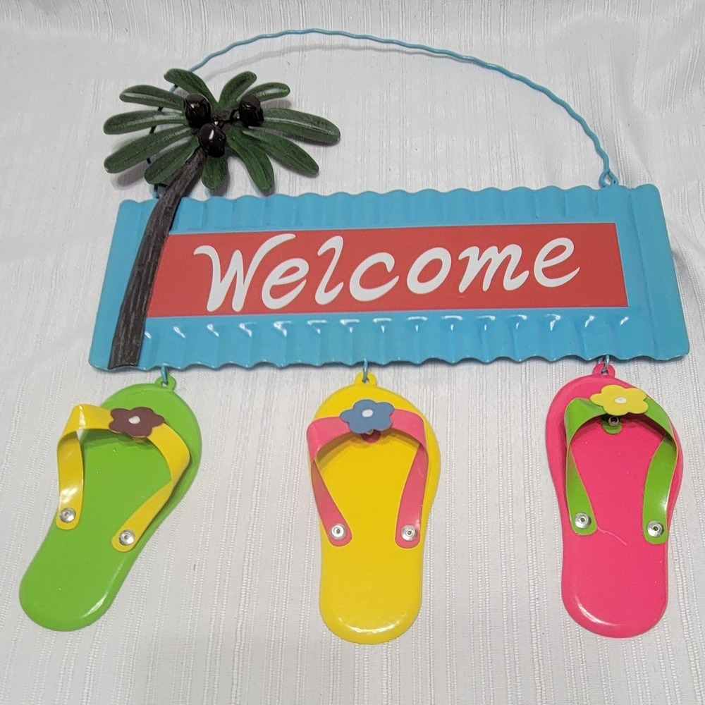 Tropical Flip Flops Palm Tree Beach Decor Old Time Pottery Metal Welcome Sign